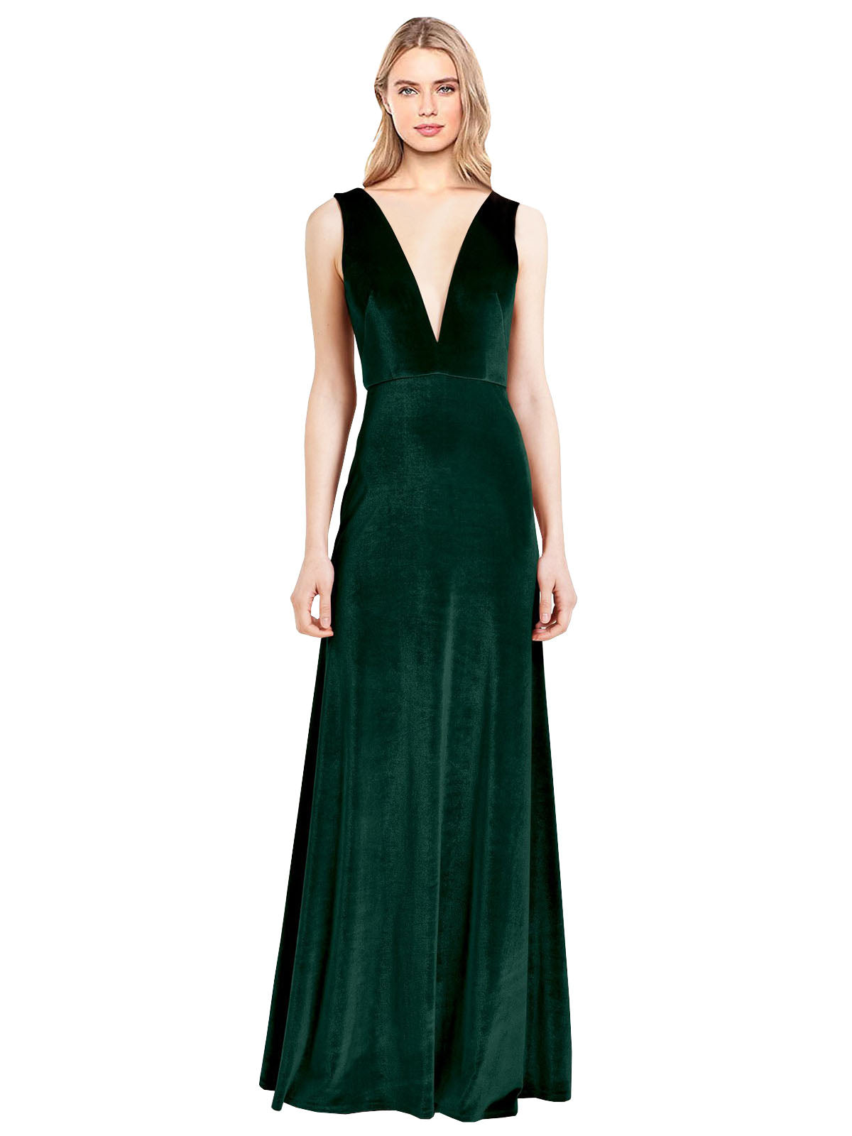 Dark Green A-Line V-Neck Long Sleeveless Stretch Velvet Bridesmaid Dress Albert