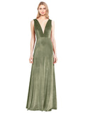 Dark Sage A-Line V-Neck Long Sleeveless Stretch Velvet Bridesmaid Dress Albert