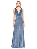 Dusty Blue A-Line V-Neck Long Sleeveless Stretch Velvet Bridesmaid Dress Albert