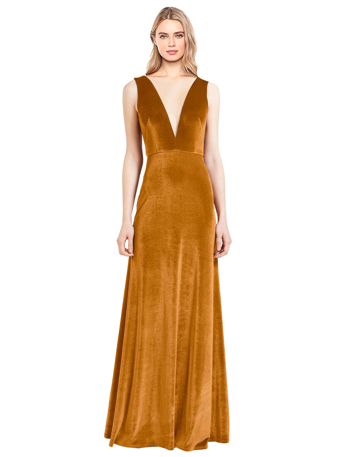 Gold A-Line V-Neck Long Sleeveless Stretch Velvet Bridesmaid Dress Albert