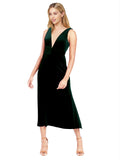 Dark Green A-Line V-Neck Short Sleeveless Stretch Velvet Bridesmaid Dress Albany