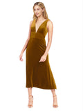 Gold A-Line V-Neck Short Sleeveless Stretch Velvet Bridesmaid Dress Albany