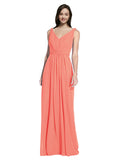 Long A-Line V-Neck Sleeveless Coral Chiffon Bridesmaid Dress Ezra