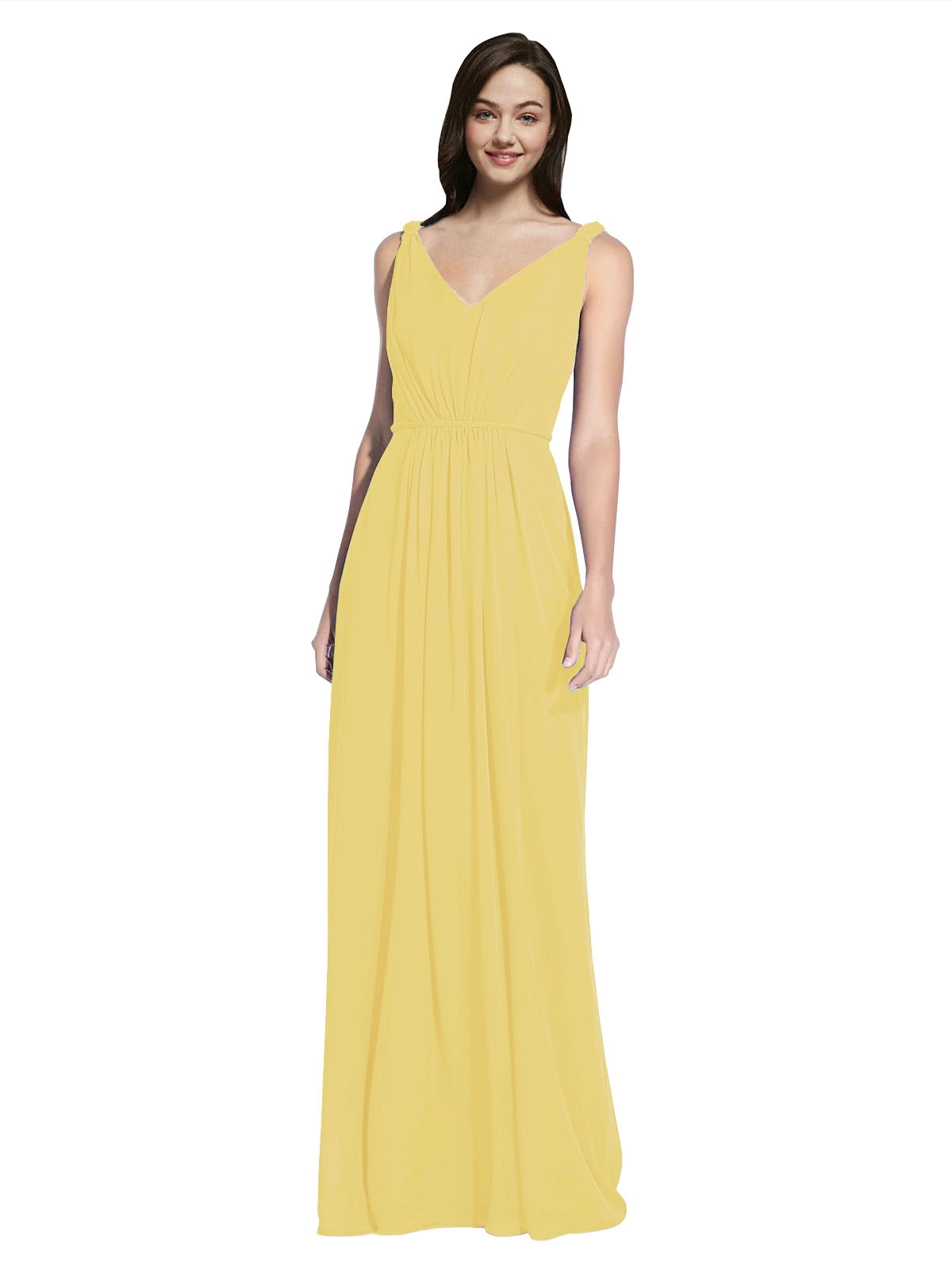 Long A-Line V-Neck Sleeveless Daffodil Chiffon Bridesmaid Dress Ezra