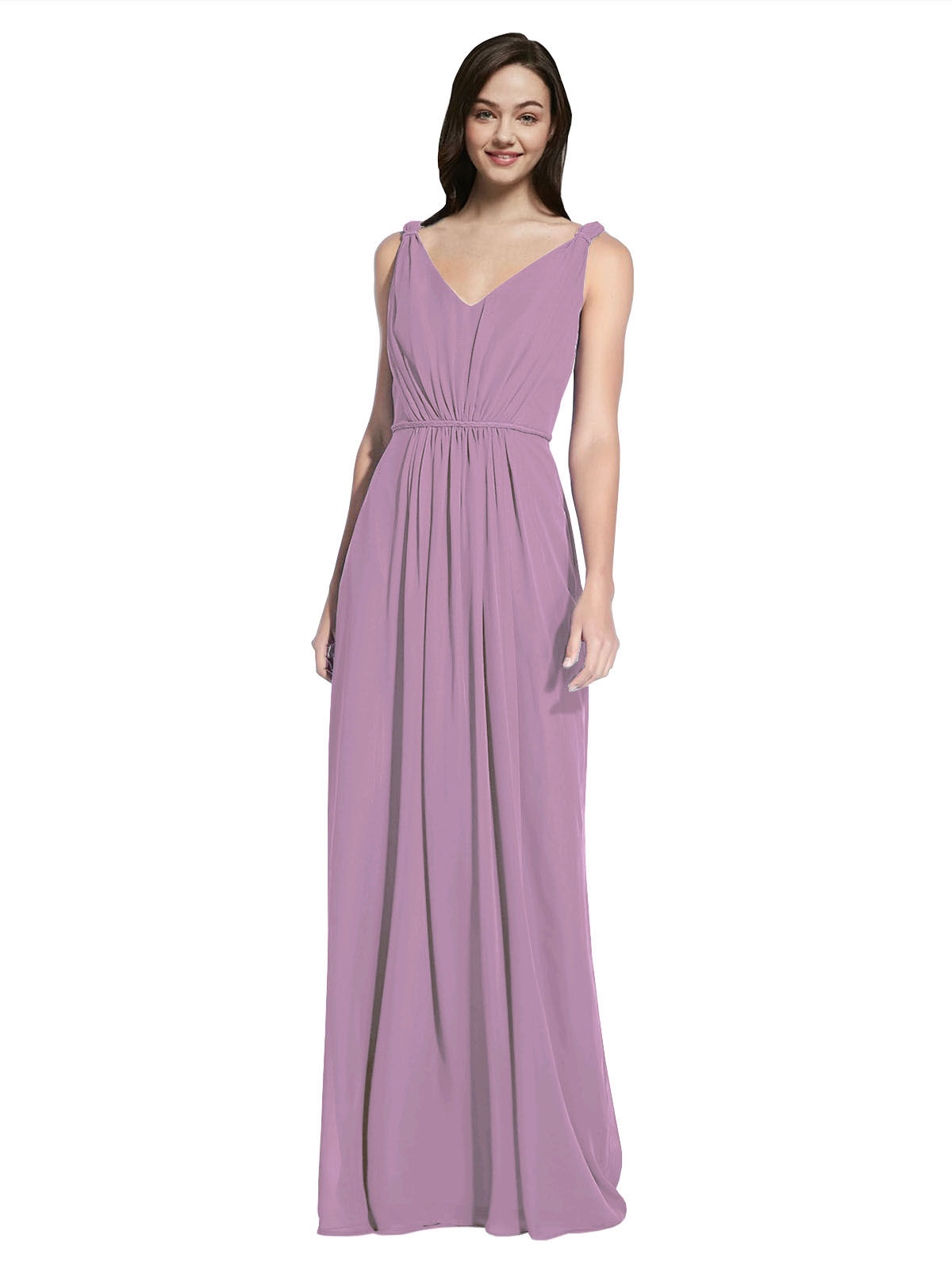 Long A-Line V-Neck Sleeveless Dark Lavender Chiffon Bridesmaid Dress Ezra
