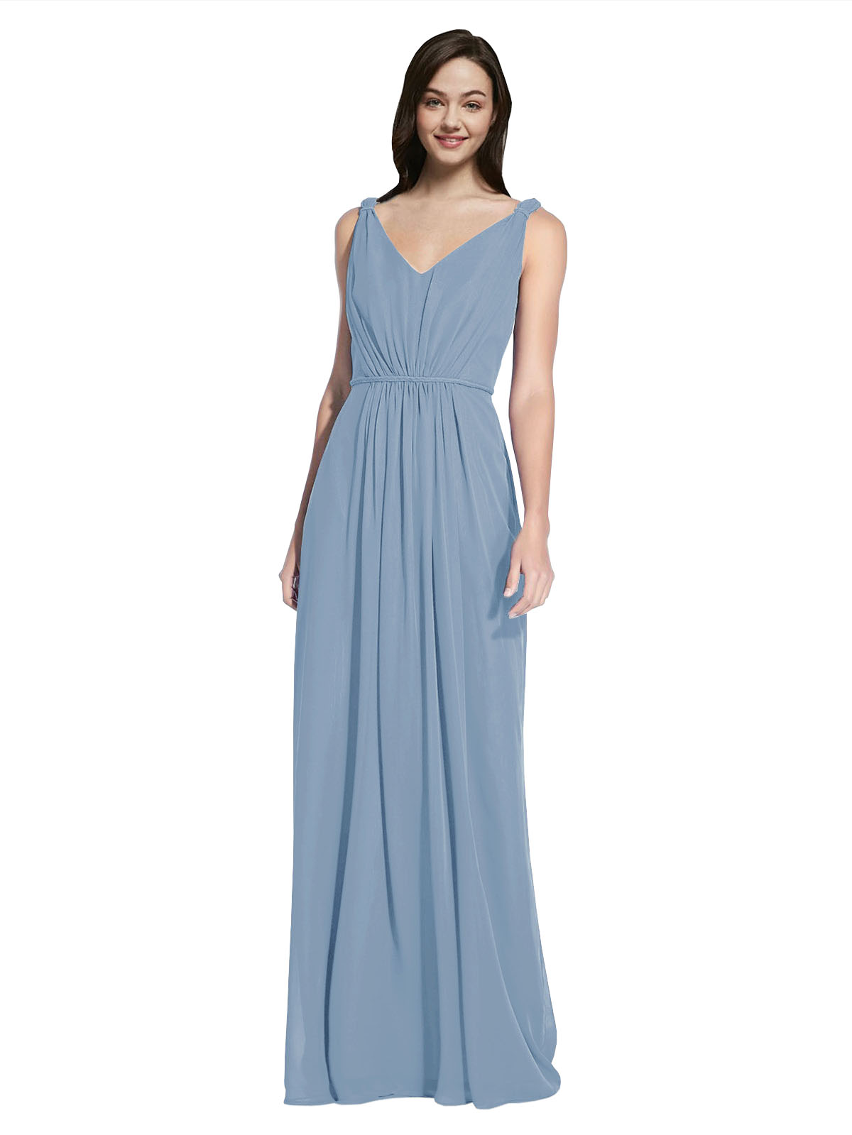 Long A-Line V-Neck Sleeveless Dusty Blue Chiffon Bridesmaid Dress Ezra