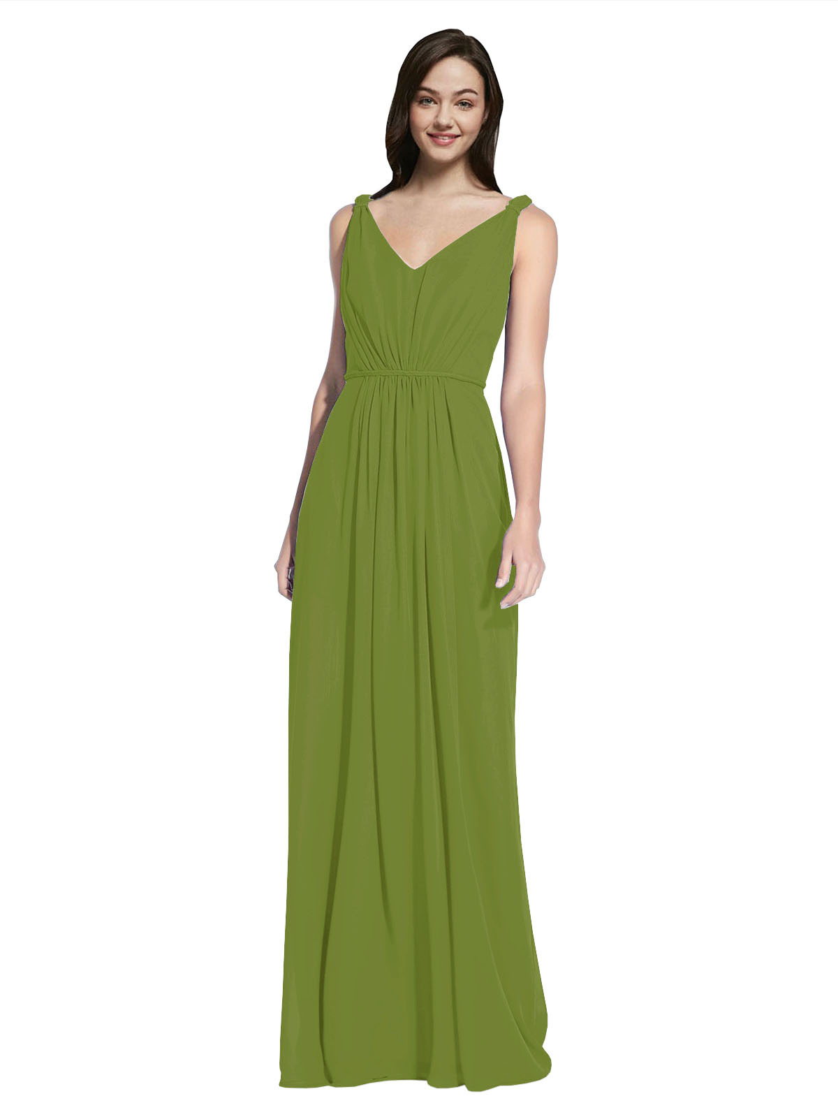Long A-Line V-Neck Sleeveless Olive Green Chiffon Bridesmaid Dress Ezra