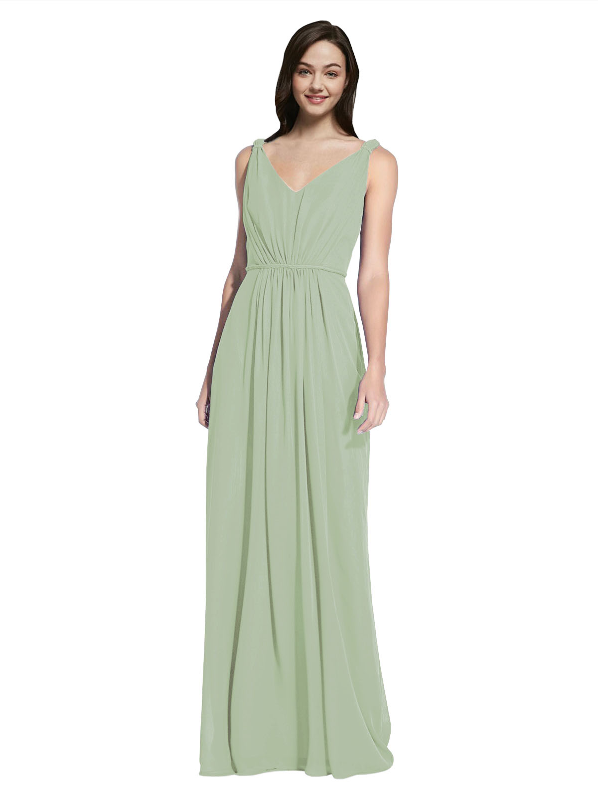 Long A-Line V-Neck Sleeveless Smoke Green Chiffon Bridesmaid Dress Ezra