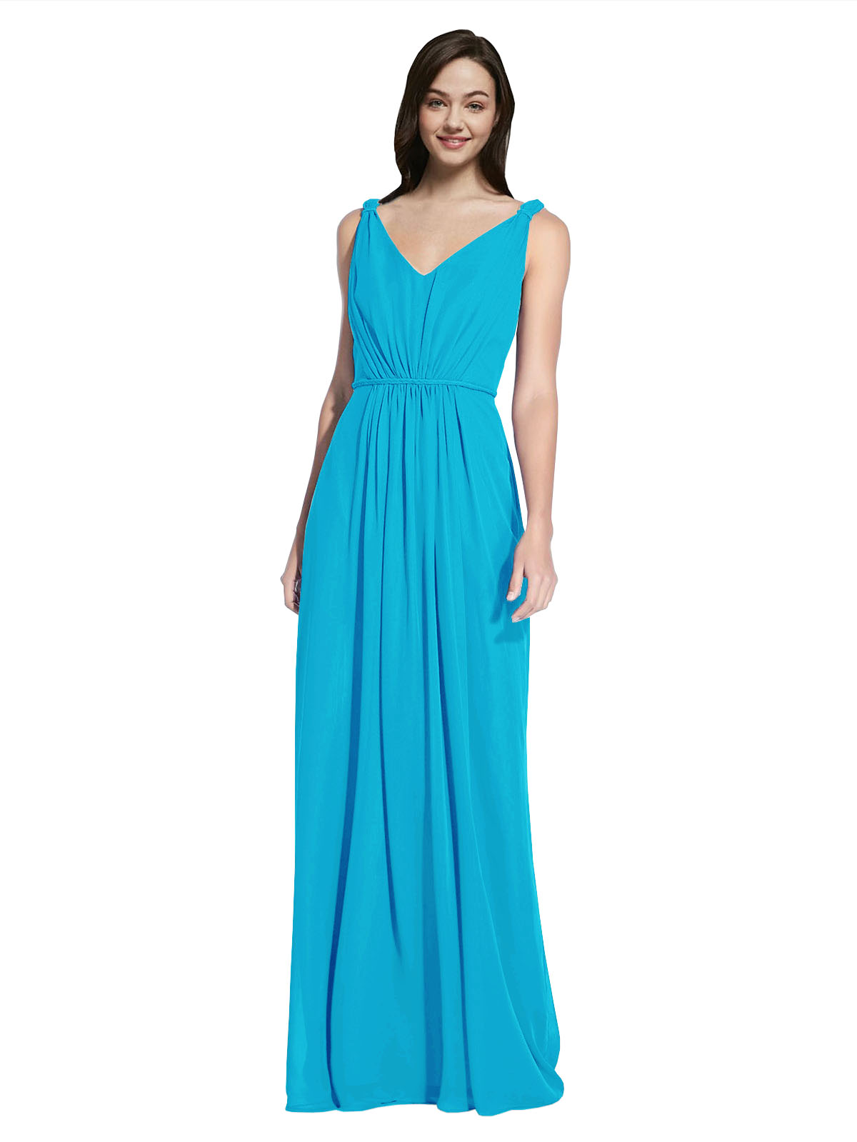 Long A-Line V-Neck Sleeveless Turquoise Chiffon Bridesmaid Dress Ezra