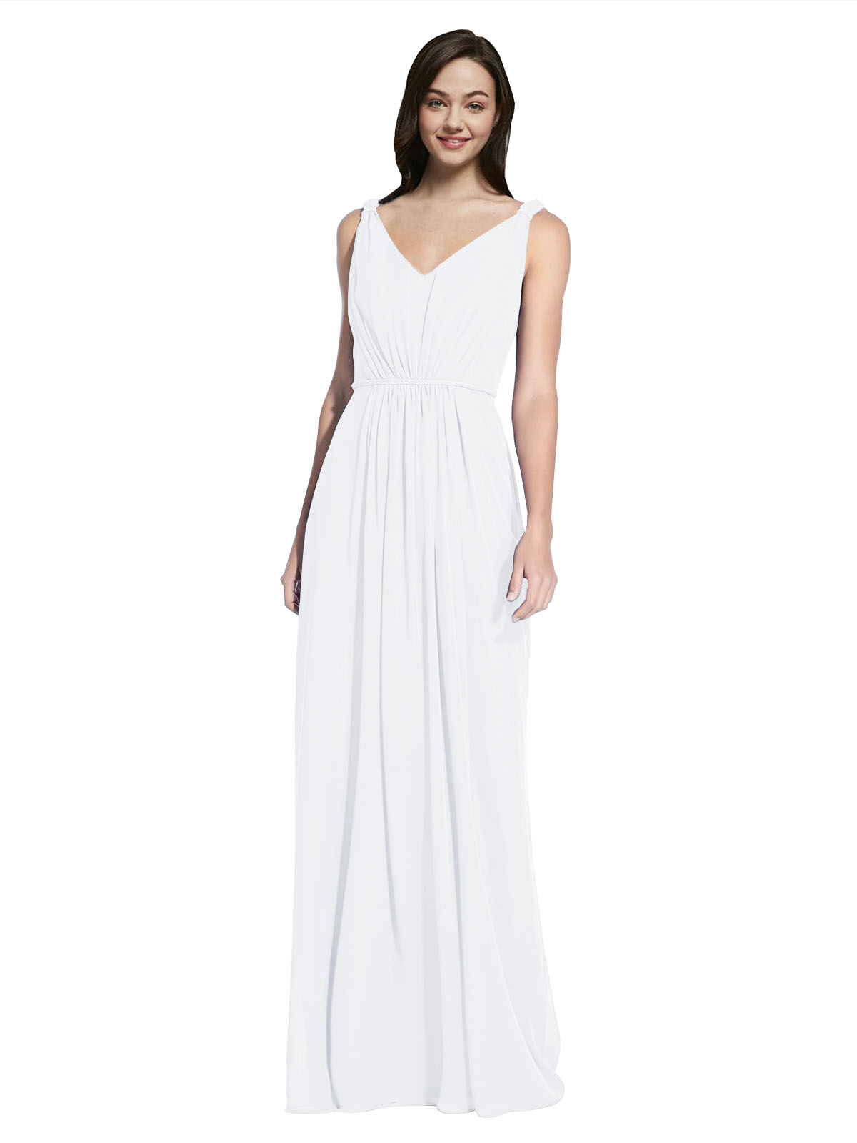 Long A-Line V-Neck Sleeveless White Chiffon Bridesmaid Dress Ezra