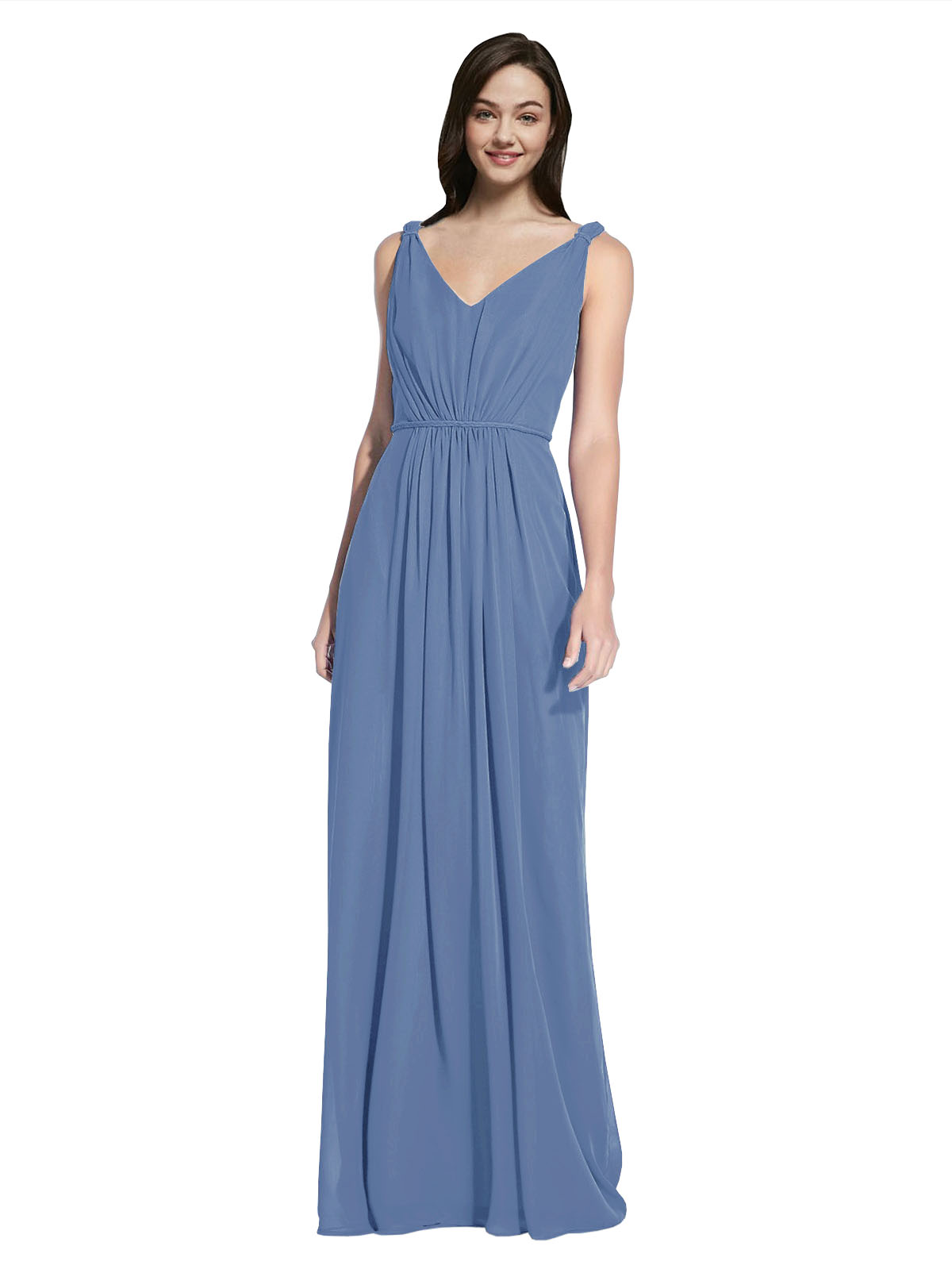 Long A-Line V-Neck Sleeveless Windsor Blue Chiffon Bridesmaid Dress Ezra