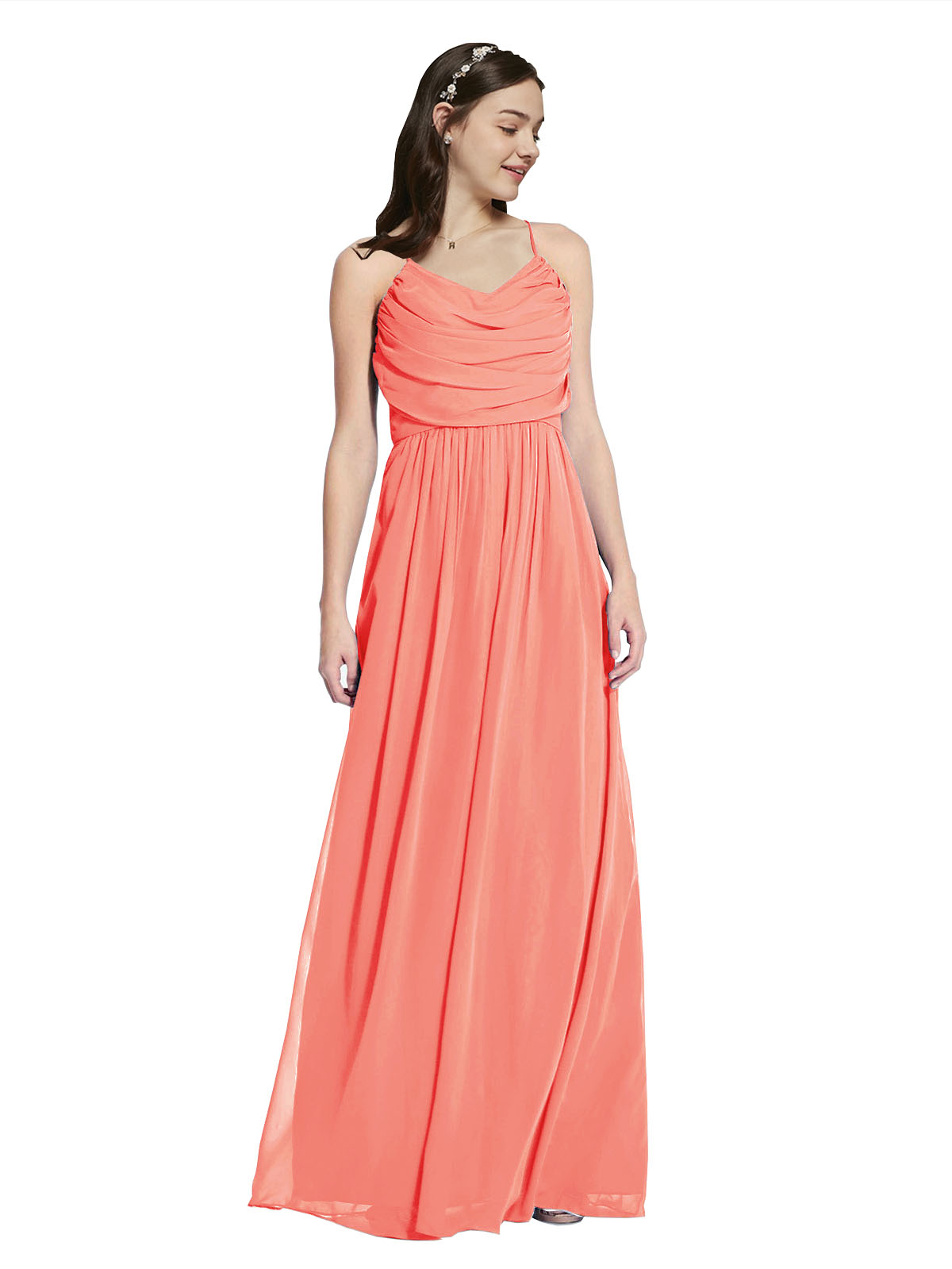 Long A-Line Cowl Sleeveless Coral Chiffon Bridesmaid Dress Jasper
