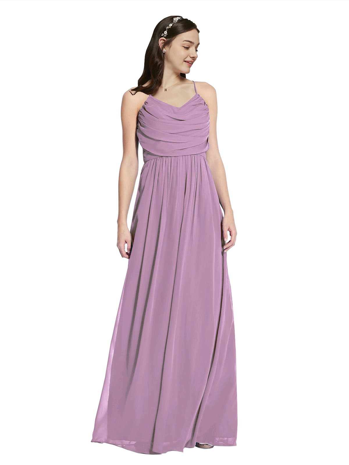 Long A-Line Cowl Sleeveless Dark Lavender Chiffon Bridesmaid Dress Jasper