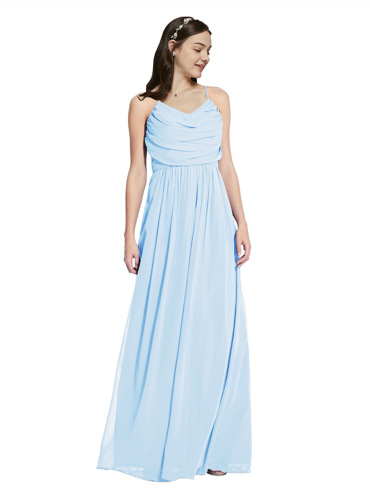 Long A-Line Cowl Sleeveless Light Sky Blue Chiffon Bridesmaid Dress Jasper
