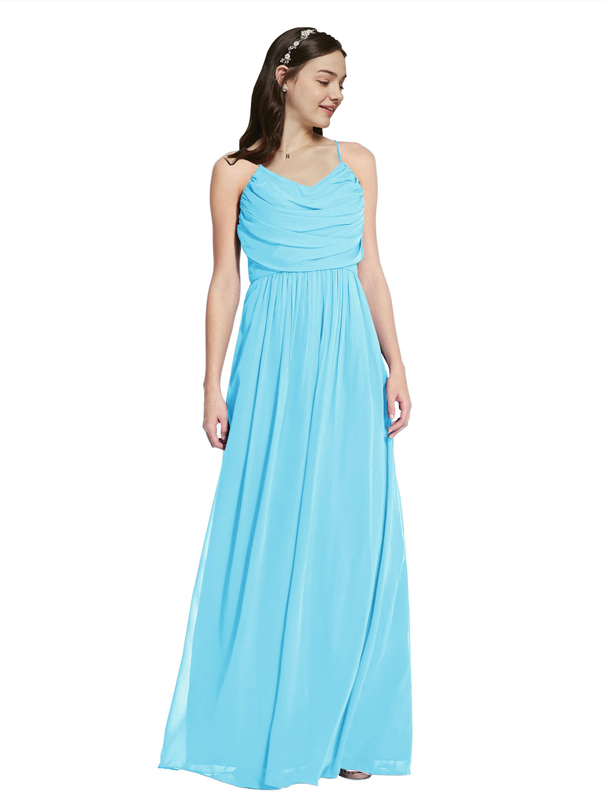 Long A-Line Cowl Sleeveless Sky Blue Chiffon Bridesmaid Dress Jasper