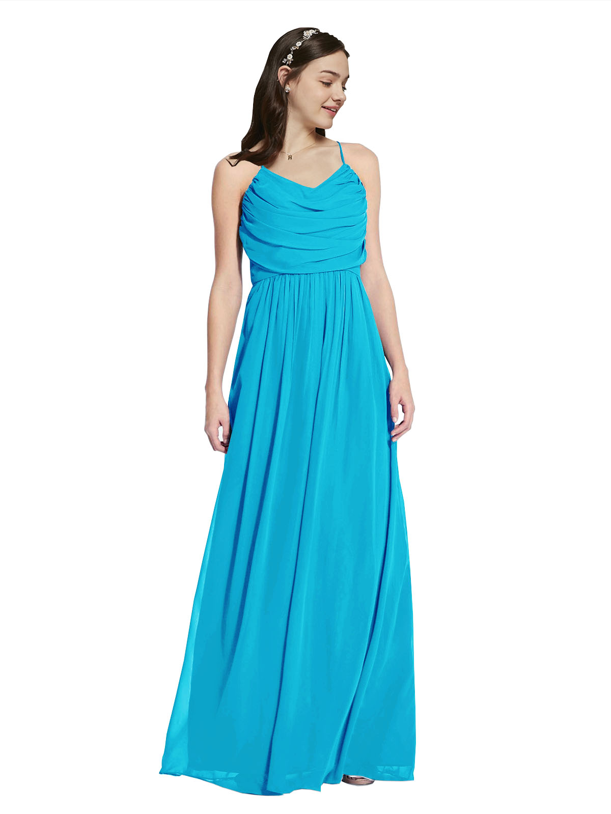 Long A-Line Cowl Sleeveless Turquoise Chiffon Bridesmaid Dress Jasper