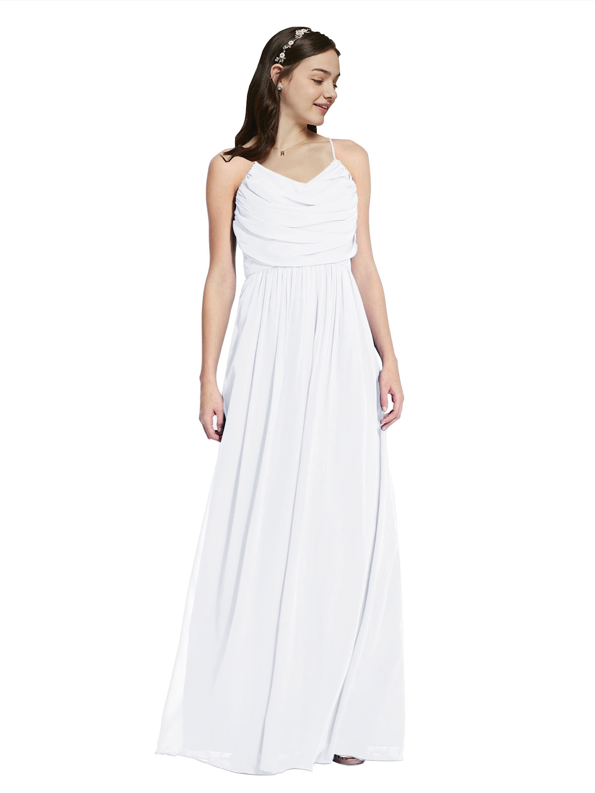 Long A-Line Cowl Sleeveless White Chiffon Bridesmaid Dress Jasper