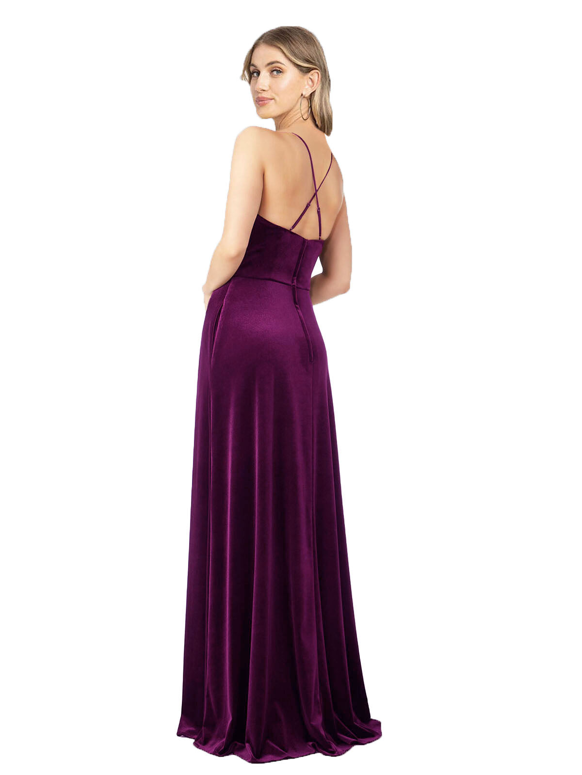 Grape A-Line Scoop V-Neck Long Sleeveless Stretch Velvet Bridesmaid Dress Yvette