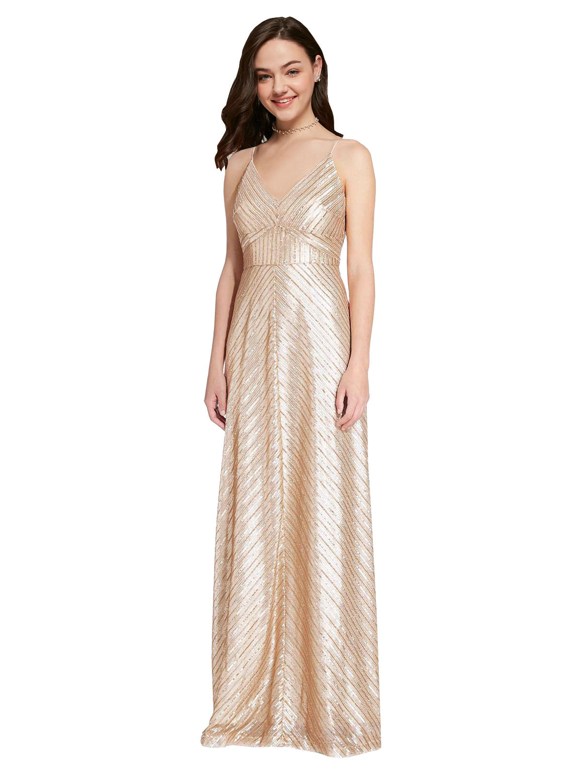 Gold V-Neck Long Sleeveless Sequin Bridesmaid Dress Adrielle