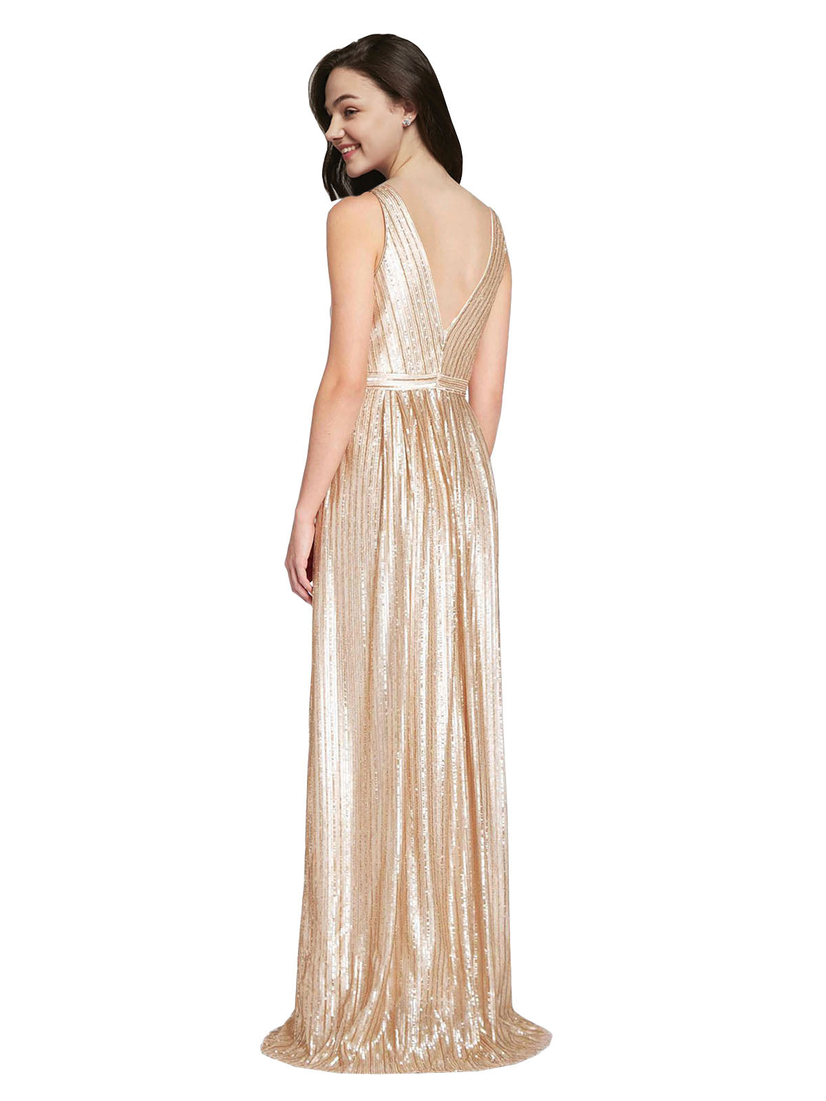 Gold V-Neck Long Sleeveless Sequin Bridesmaid Dress Linden