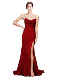 Long Stretch Satin Sheath Cowl Spaghetti Straps Sleeveless Burgundy Bridesmaid Dress Rosado