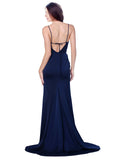 Long Stretch Satin Sheath Cowl Spaghetti Straps Sleeveless Dark Navy Bridesmaid Dress Rosado