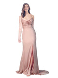 Long Stretch Satin Sheath Cowl Spaghetti Straps Sleeveless Dusty Pink Bridesmaid Dress Rosado