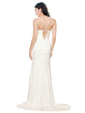 Long Stretch Satin Sheath Cowl Spaghetti Straps Sleeveless Ivory Bridesmaid Dress Rosado