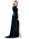 Long Stretch Velvet A-Line V-Neck Sweep Train Long Sleeves Dark Green Bridesmaid Dress Hutton