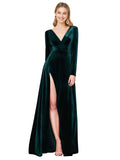 Long Stretch Velvet A-Line V-Neck Sweep Train Long Sleeves Dark Green Bridesmaid Dress Hutton