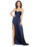 Long Silky Satin A-Line Sweetheart, High Neck Sleeveless Sapphire Bridesmaid Dress Morrow