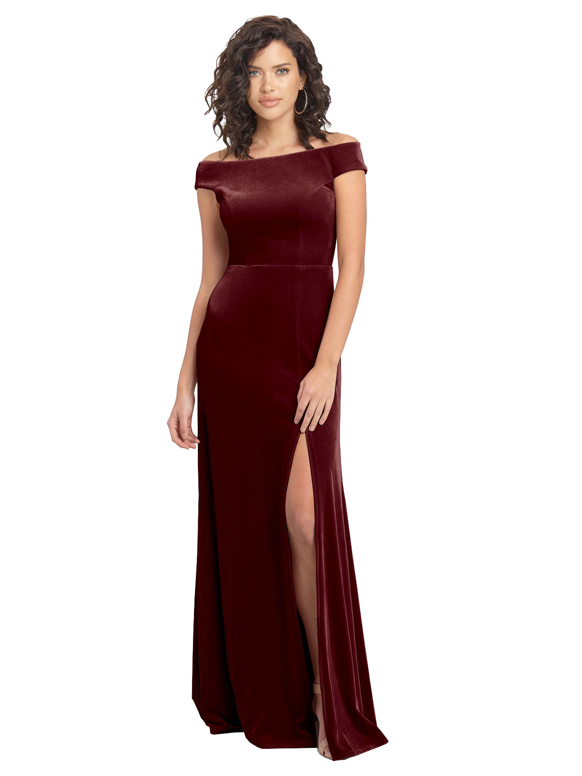 Burgundy A-Line Square Long Cap Sleeves Stretch Velvet Bridesmaid Dress Marshall
