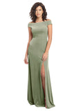 Dark Sage A-Line Square Long Cap Sleeves Stretch Velvet Bridesmaid Dress Marshall