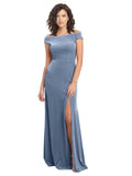 Dusty Blue A-Line Square Long Cap Sleeves Stretch Velvet Bridesmaid Dress Marshall