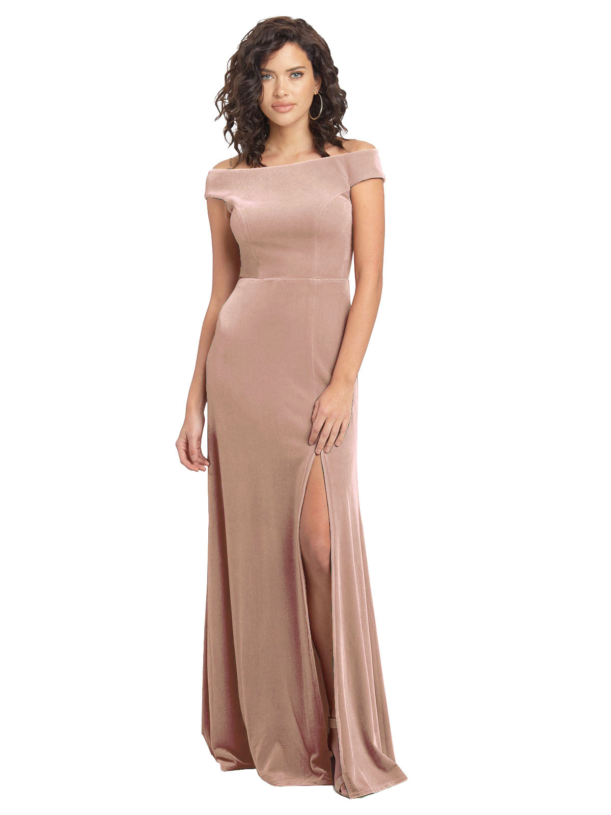Pink A-Line Square Long Cap Sleeves Stretch Velvet Bridesmaid Dress Marshall
