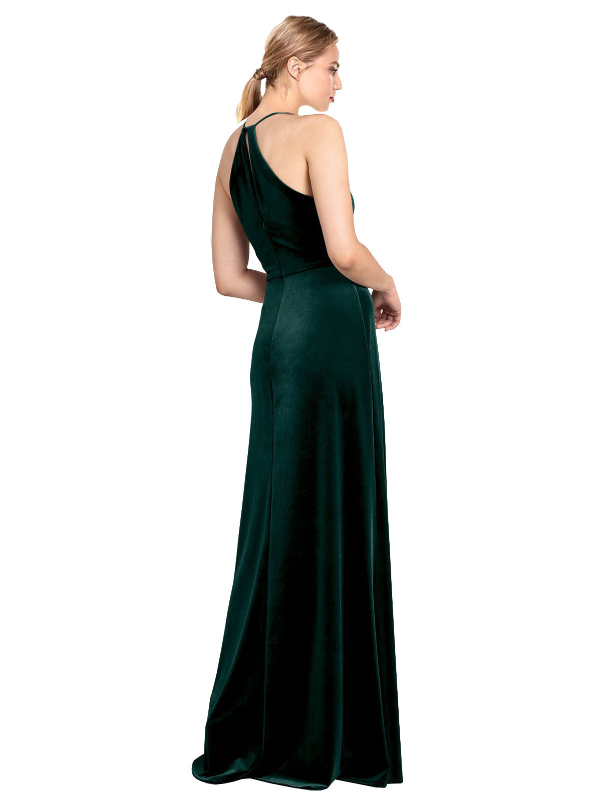 Dark Green A-Line Jewel, Spaghetti Straps Long Sleeveless Stretch Velvet Bridesmaid Dress Payne