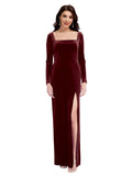 Burgundy A-Line Square Long Long Sleeves Stretch Velvet Bridesmaid Dress Haisley