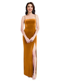 Gold Sheath Square Spaghetti Straps Long Sleeveless Stretch Velvet Bridesmaid Dress Wrenley