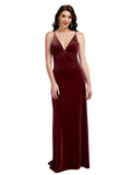 Burgundy A-Line V-Neck Long Sleeveless Stretch Velvet Bridesmaid Dress Carter