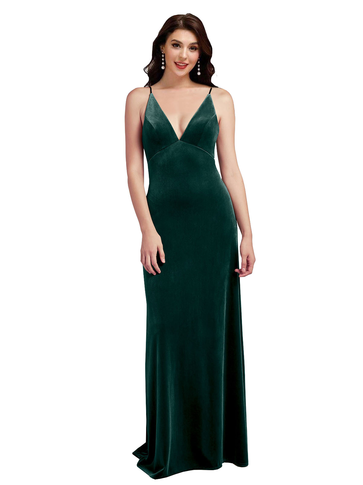 Dark Green A-Line V-Neck Long Sleeveless Stretch Velvet Bridesmaid Dress Carter