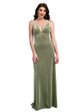 Dark Sage A-Line V-Neck Long Sleeveless Stretch Velvet Bridesmaid Dress Carter