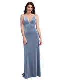 Dusty Blue A-Line V-Neck Long Sleeveless Stretch Velvet Bridesmaid Dress Carter
