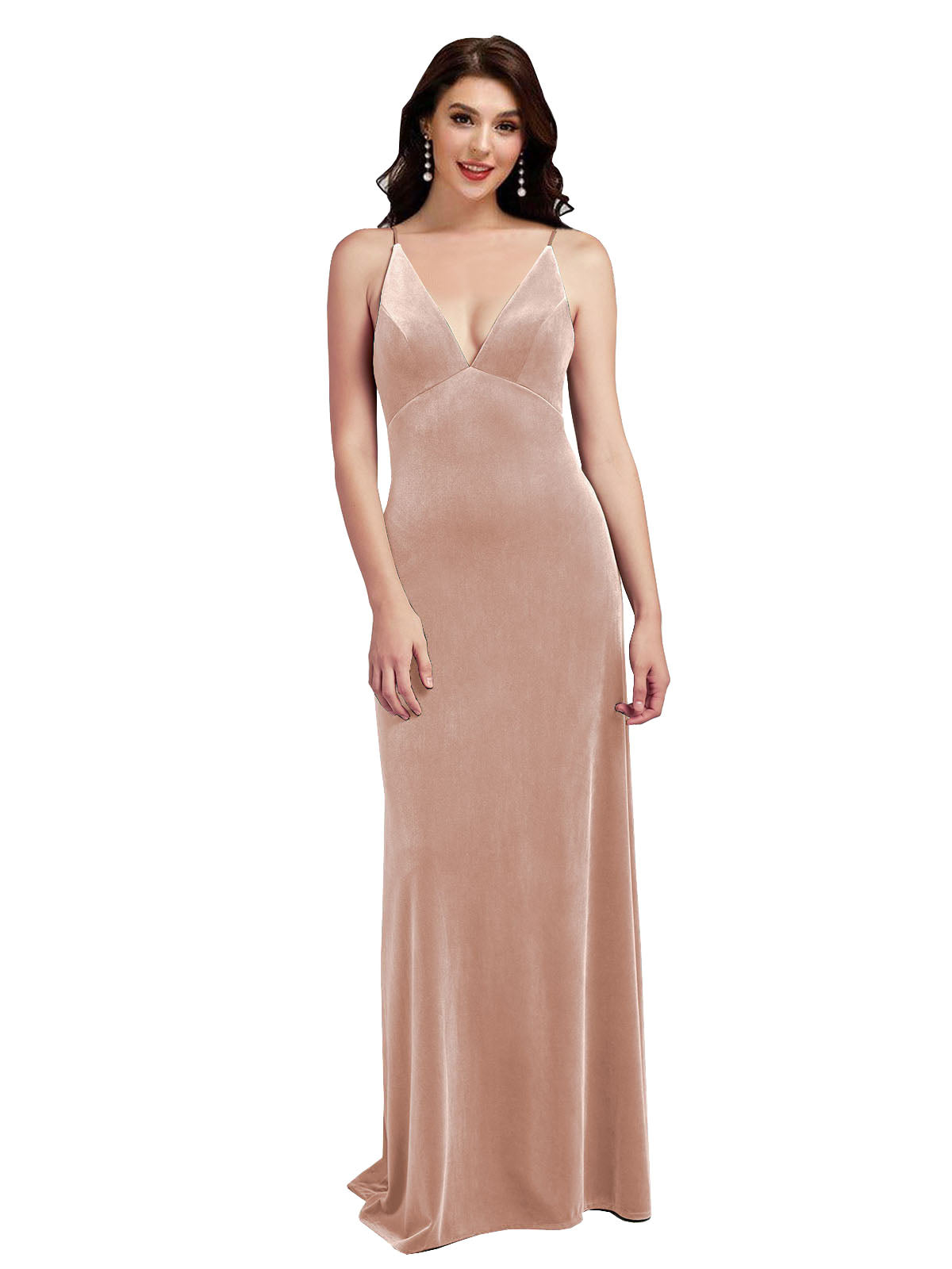 Pink A-Line V-Neck Long Sleeveless Stretch Velvet Bridesmaid Dress Carter