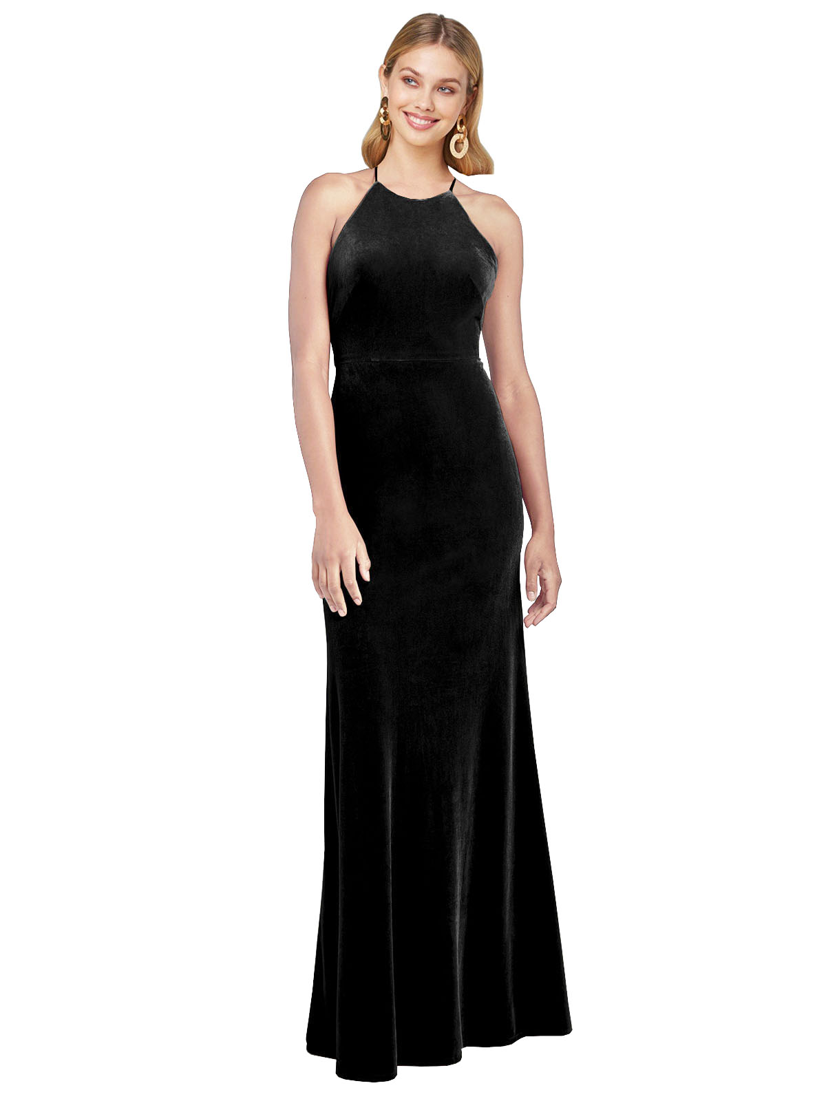 Black A-Line Halter High Neck Long Sleeveless Stretch Velvet Bridesmaid Dress Salem