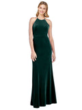 Dark Green A-Line Halter High Neck Long Sleeveless Stretch Velvet Bridesmaid Dress Salem