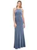 Dusty Blue A-Line Halter High Neck Long Sleeveless Stretch Velvet Bridesmaid Dress Salem
