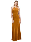 Gold A-Line Halter High Neck Long Sleeveless Stretch Velvet Bridesmaid Dress Salem