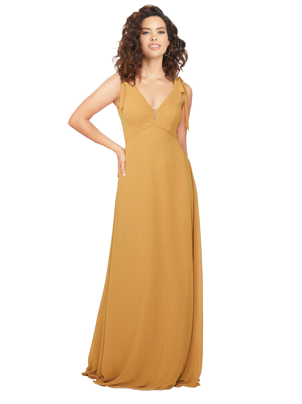Saffron A-Line V-Neck Sleeveless Long Bridesmaid Dress Etta