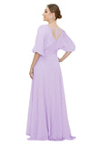 Lilac A-Line V-Neck 3/4 Sleeves Long Bridesmaid Dress Egypt