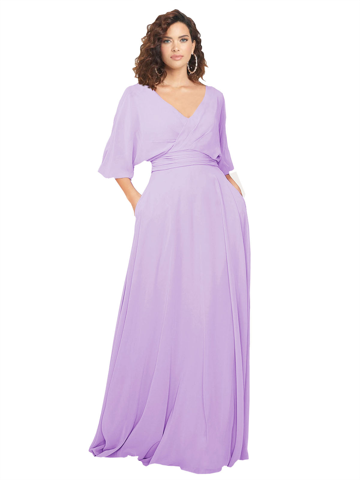 Lilac A-Line V-Neck 3/4 Sleeves Long Bridesmaid Dress Egypt